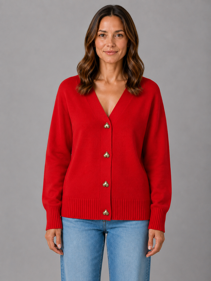 Women's Classic Soft Knit V-Neck Cardigan with Heart Buttons