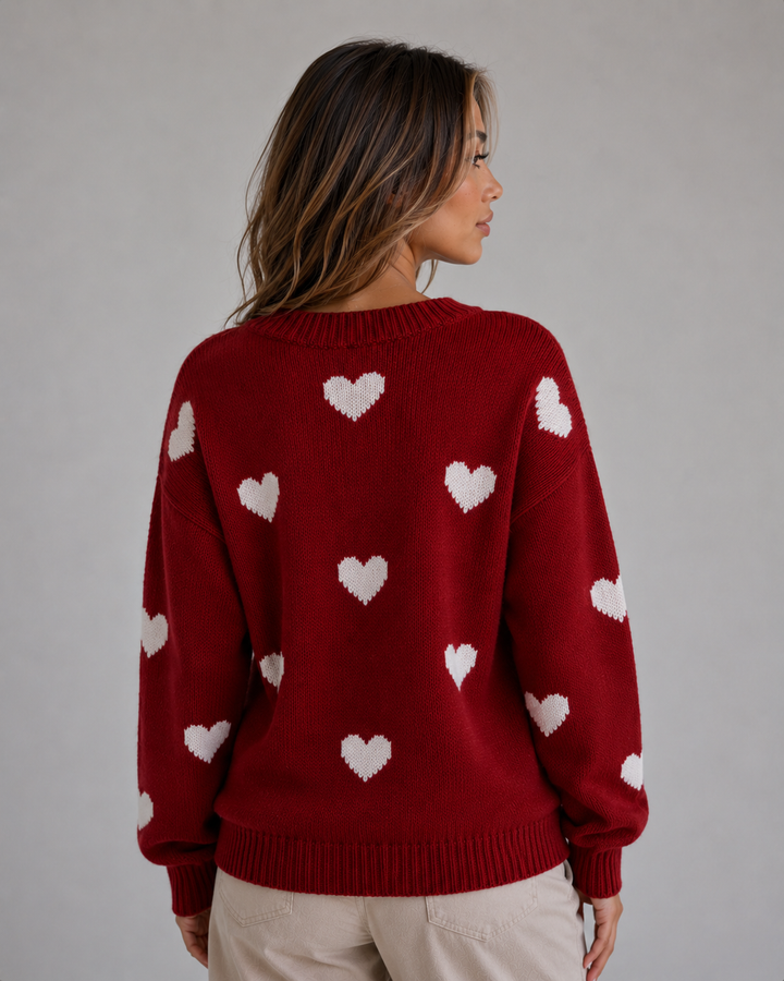 Women's Casual Knitted Heart Print Crew Neck Sweater