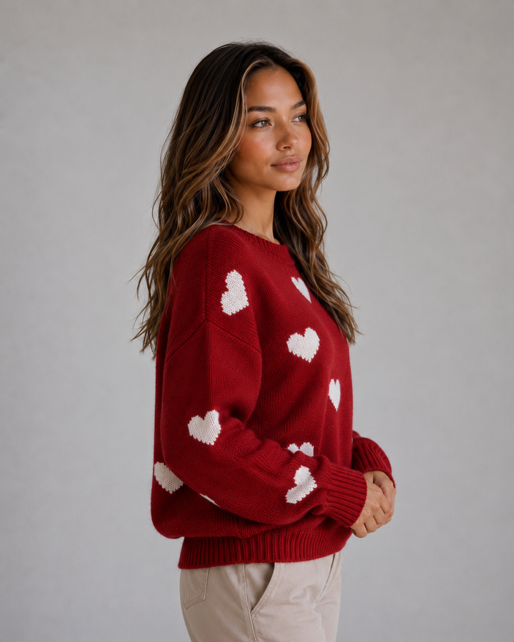 Women's Casual Knitted Heart Print Crew Neck Sweater