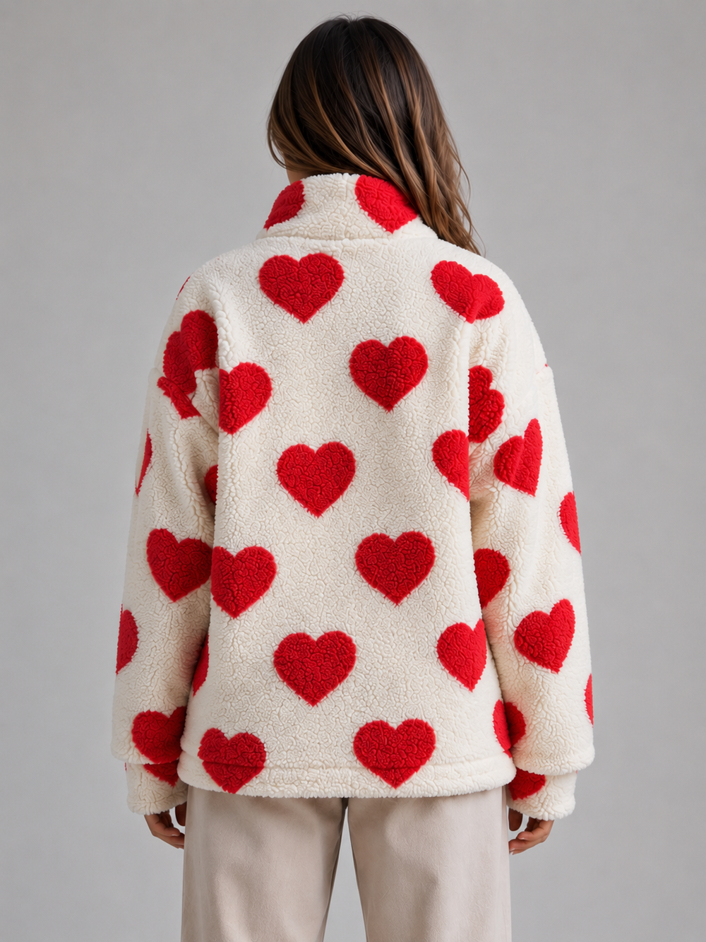 Women's Casual Teddy Fleece Zip-Up Jacket with Heart Print