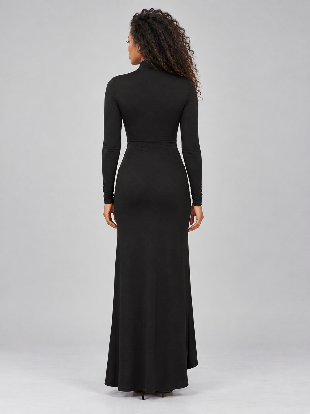 Women's Elegant High Neck Ruched Long Sleeve Maxi Dress