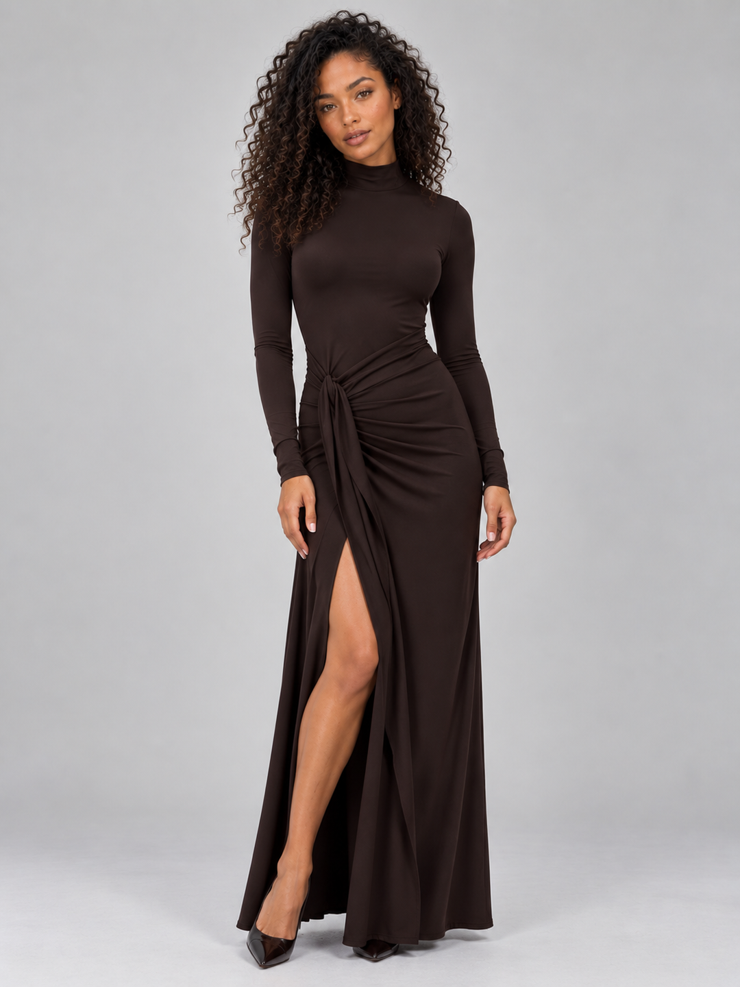 Women's Elegant High Neck Ruched Long Sleeve Maxi Dress