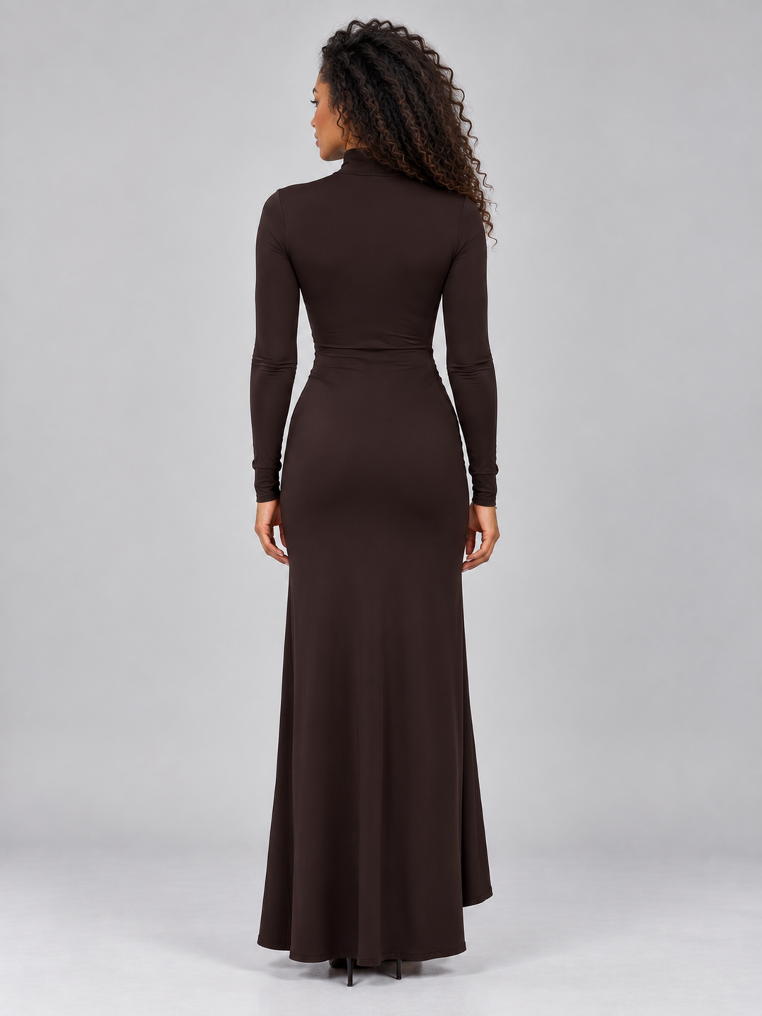 Women's Elegant High Neck Ruched Long Sleeve Maxi Dress