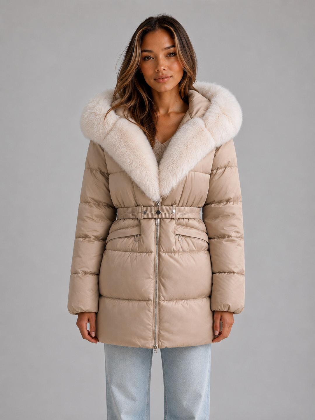 Women's Casual Hooded Faux Fur Trim Puffer Jacket with Belt