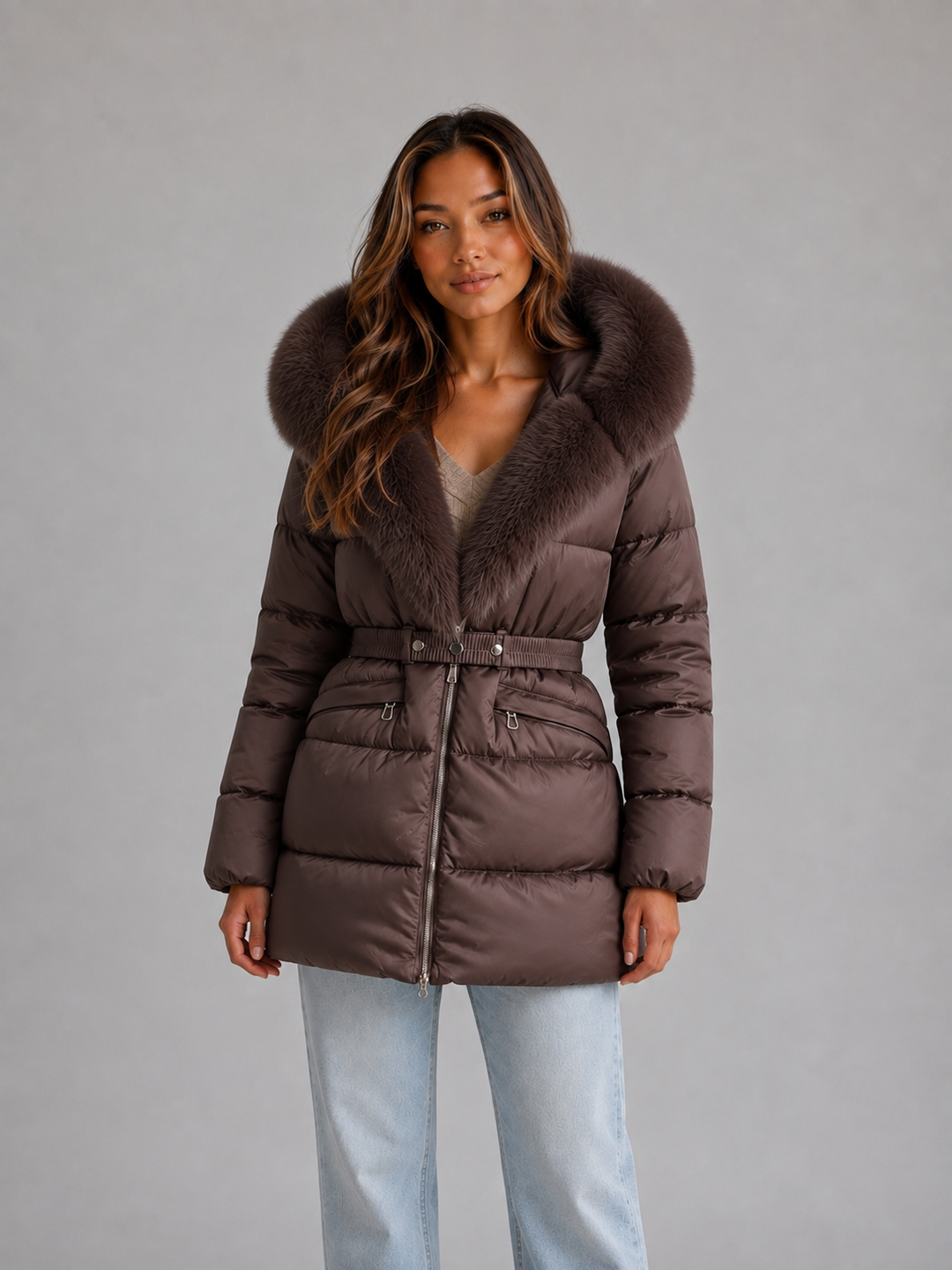 Women's Casual Hooded Faux Fur Trim Puffer Jacket with Belt