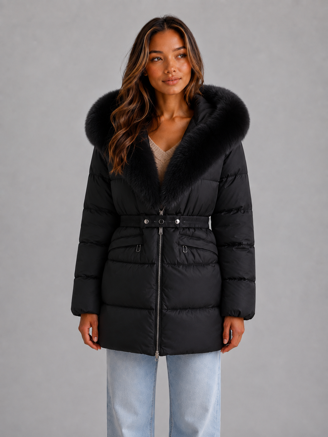 Women's Casual Hooded Faux Fur Trim Puffer Jacket with Belt
