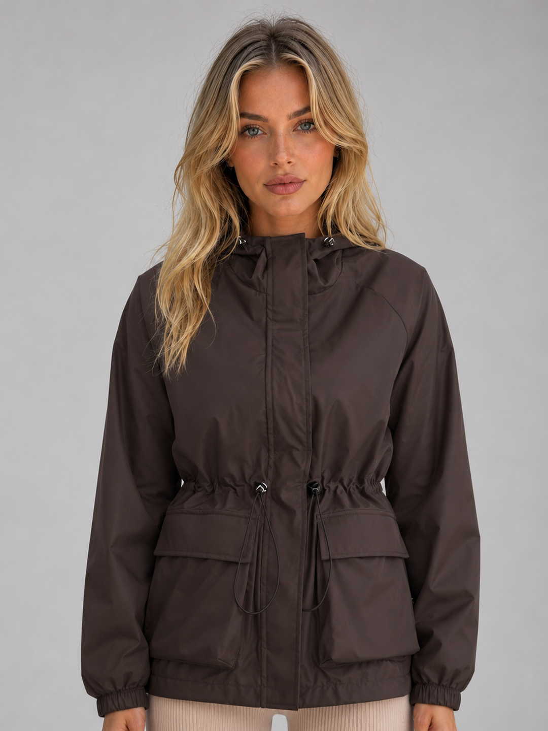 Women's Casual Hooded Water-Resistant Rain Jacket with Drawstring
