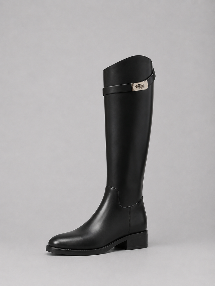 Women's Classic Leather Look Knee High Riding Boots with Buckle Detail