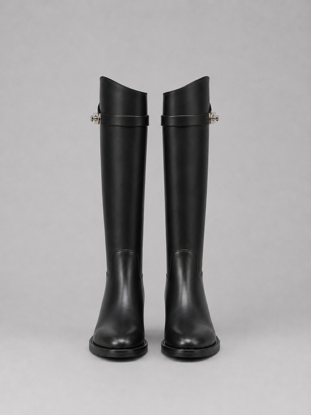 Women's Classic Leather Look Knee High Riding Boots with Buckle Detail