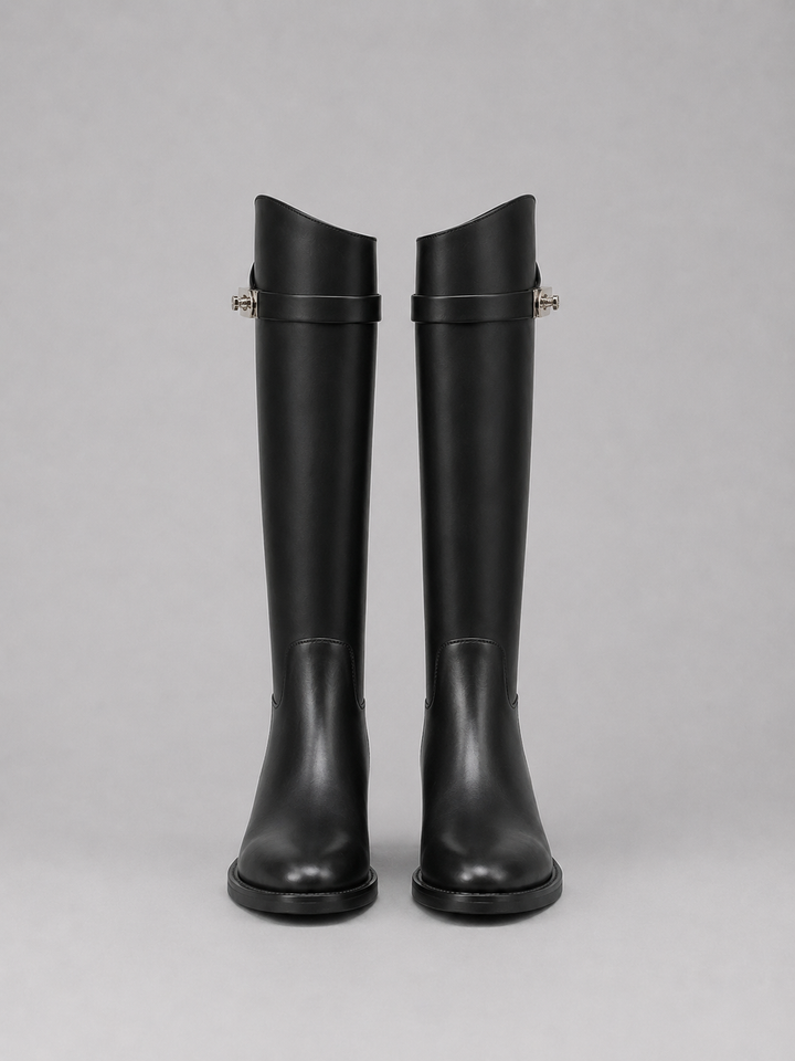 Women's Classic Leather Look Knee High Riding Boots with Buckle Detail