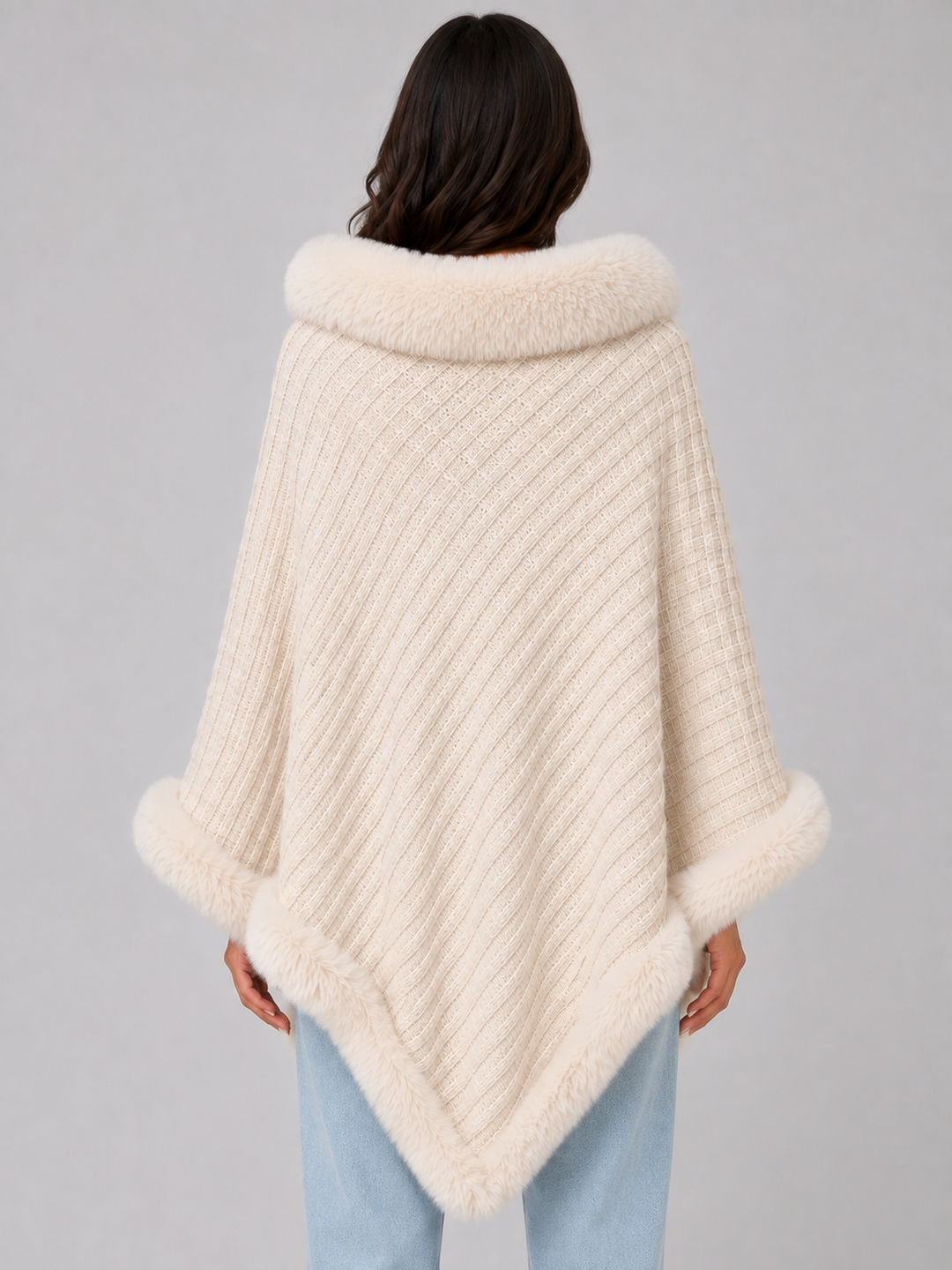 Women's Classic Knitted Wool Blend Cape Coat with Faux Fur Trim