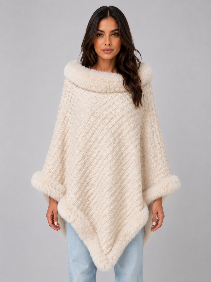 Women's Classic Knitted Wool Blend Cape Coat with Faux Fur Trim