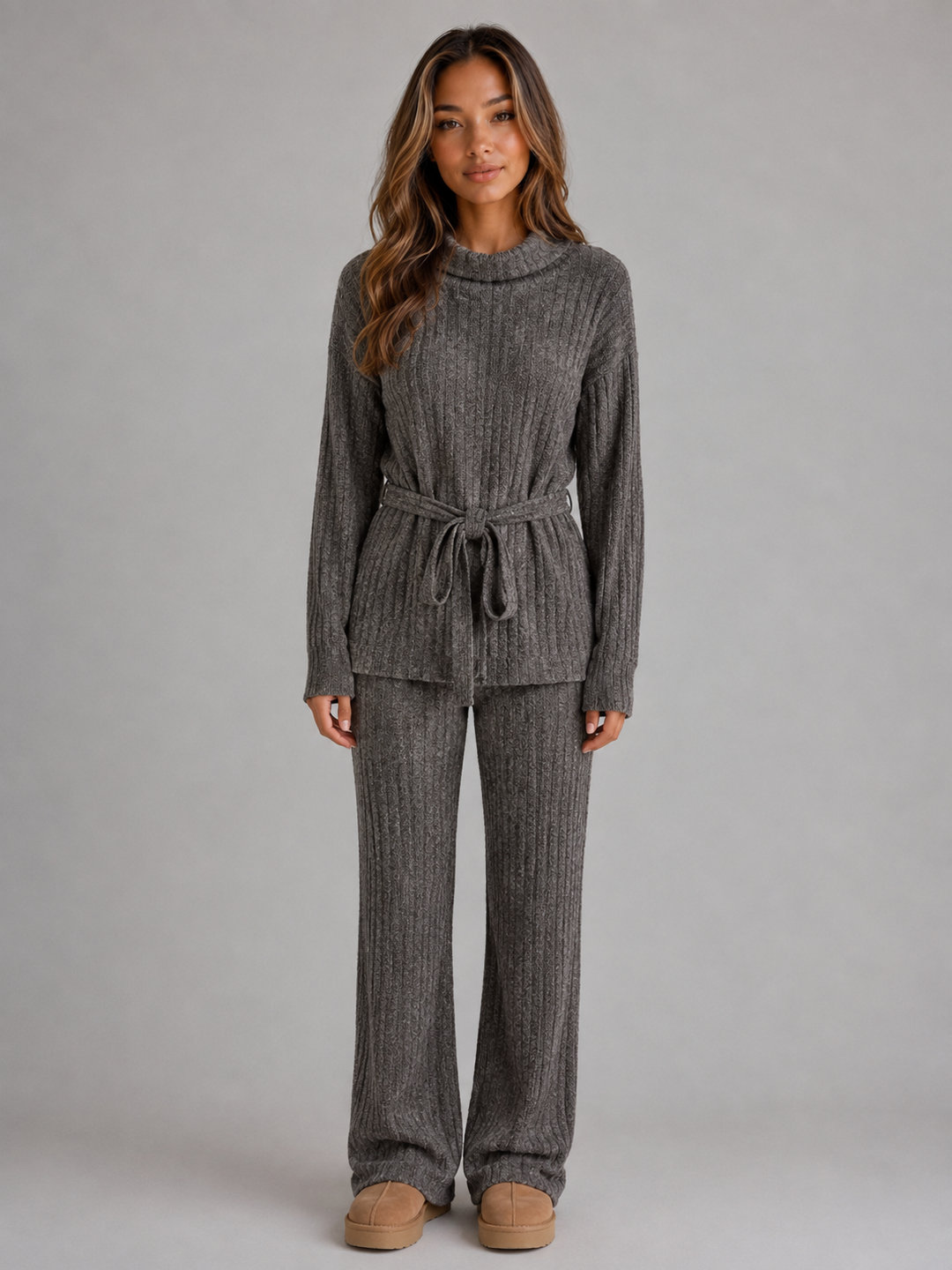 Women's Casual Knitted Roll Neck Jumper and Wide Leg Trousers Set
