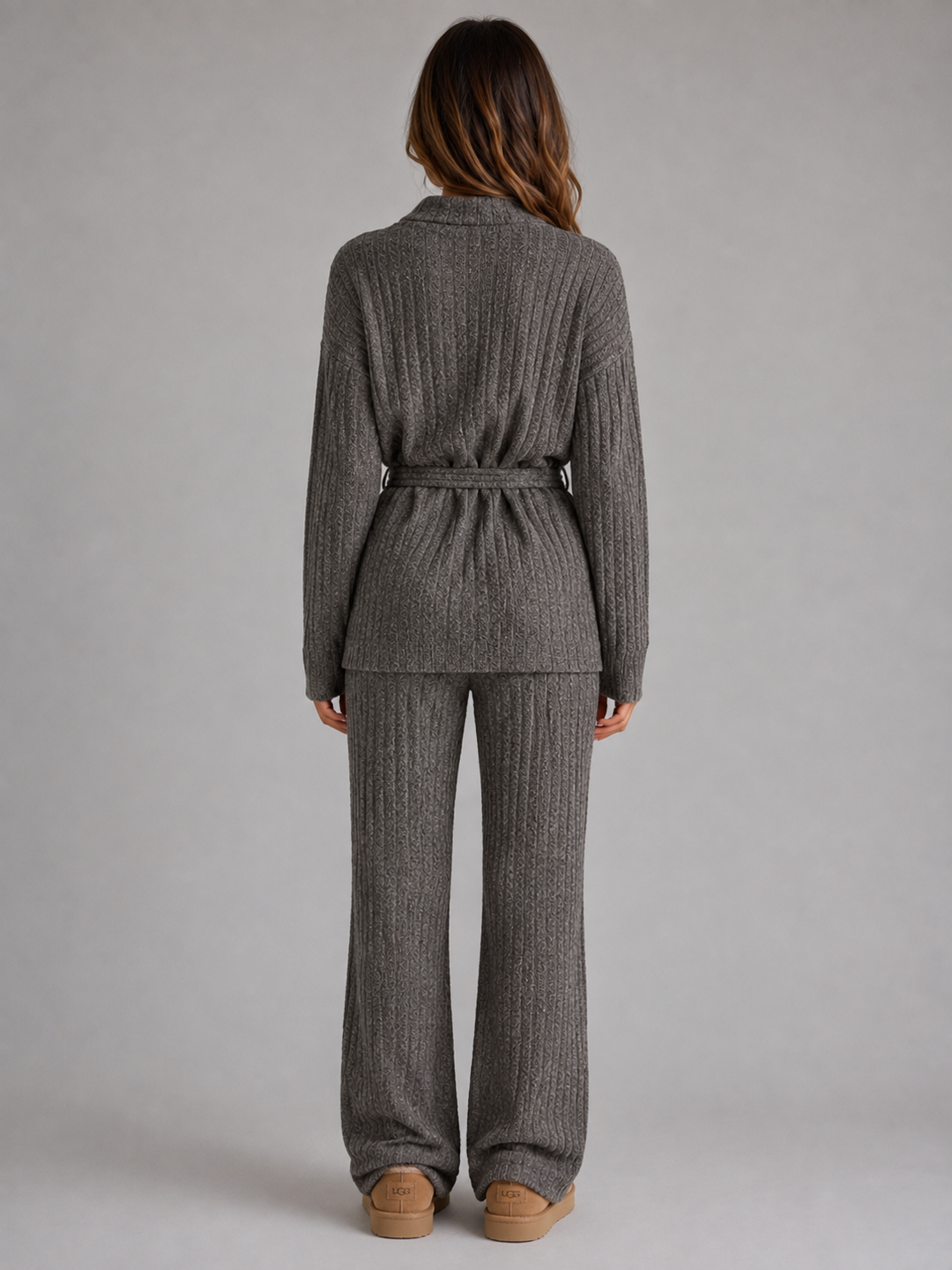 Women's Casual Knitted Roll Neck Jumper and Wide Leg Trousers Set