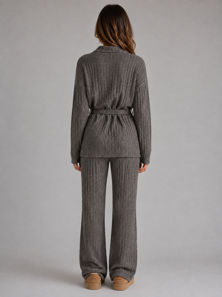 Women's Casual Knitted Roll Neck Jumper and Wide Leg Trousers Set