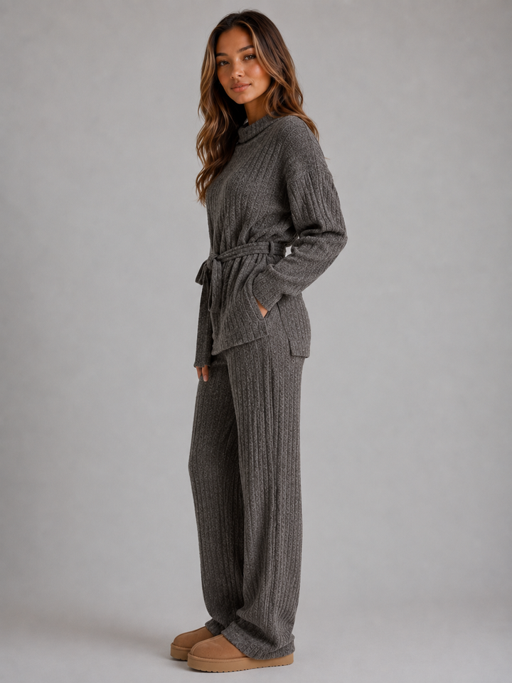 Women's Casual Knitted Roll Neck Jumper and Wide Leg Trousers Set