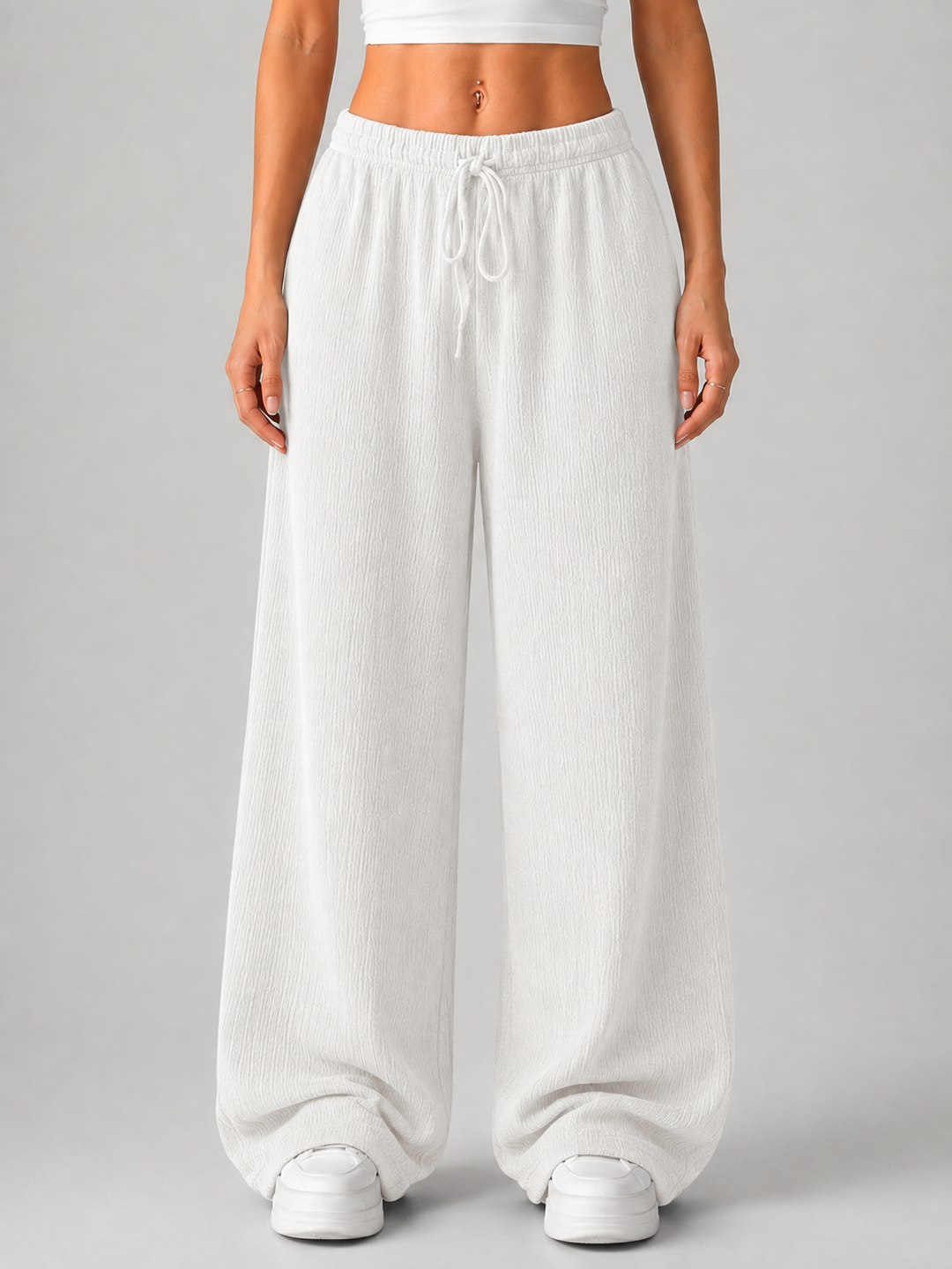 Women's Casual Knitted High Waist Wide Leg Trousers with Drawstring