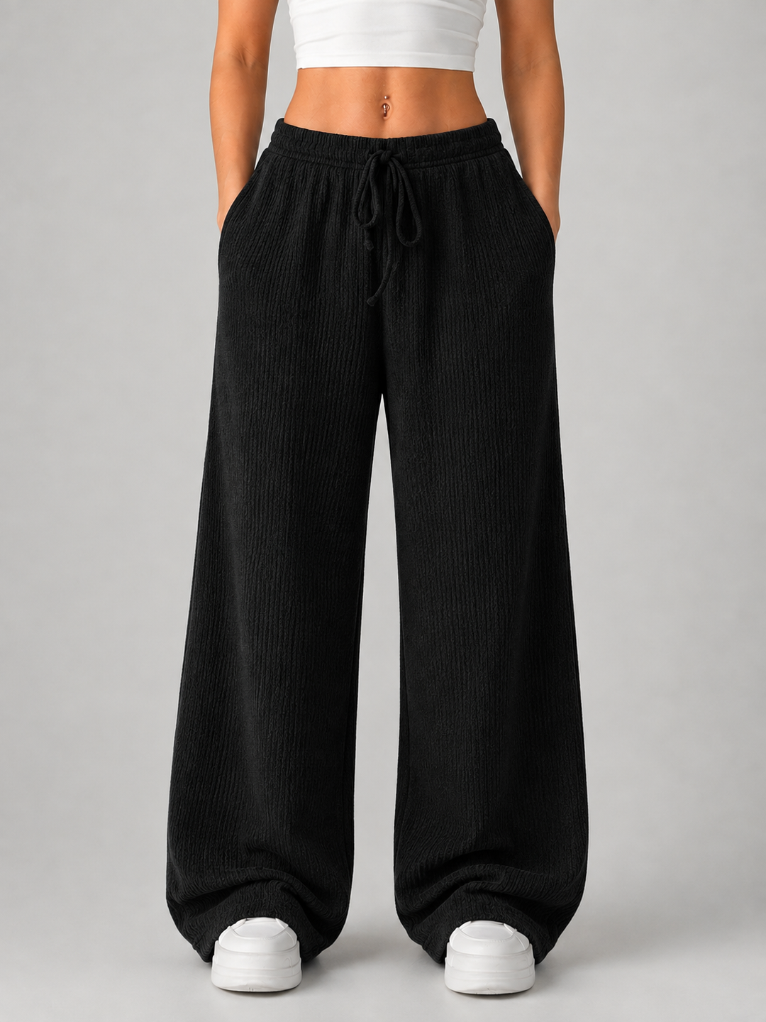 Women's Casual Knitted High Waist Wide Leg Trousers with Drawstring