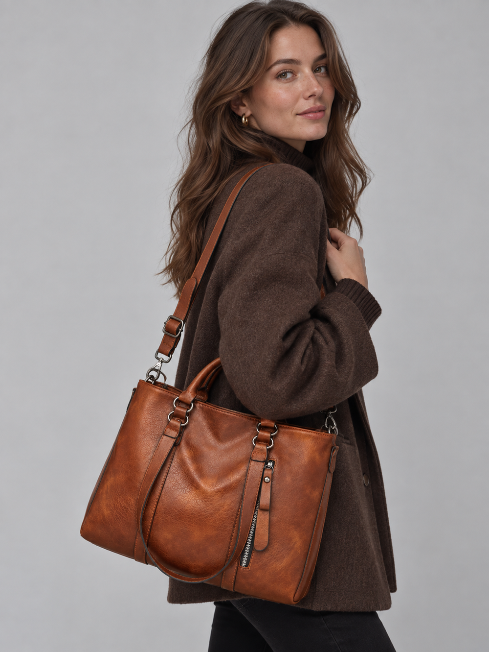 Women's Classic Leather Large Tote Bag with Shoulder Strap