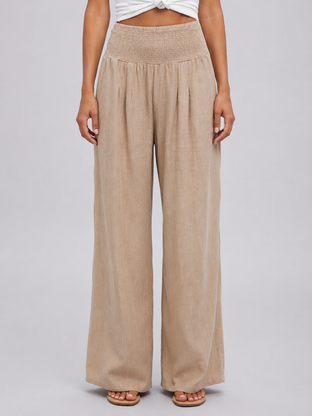 Women's Casual Linen Look Wide Leg Trousers with Smocked High Waist
