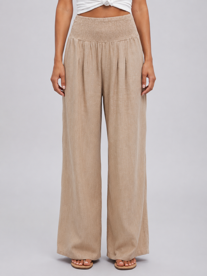 Women's Casual Linen Look Wide Leg Trousers with Smocked High Waist