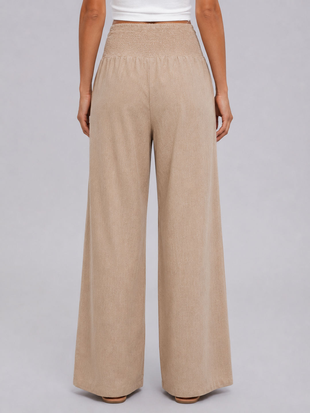 Women's Casual Linen Look Wide Leg Trousers with Smocked High Waist