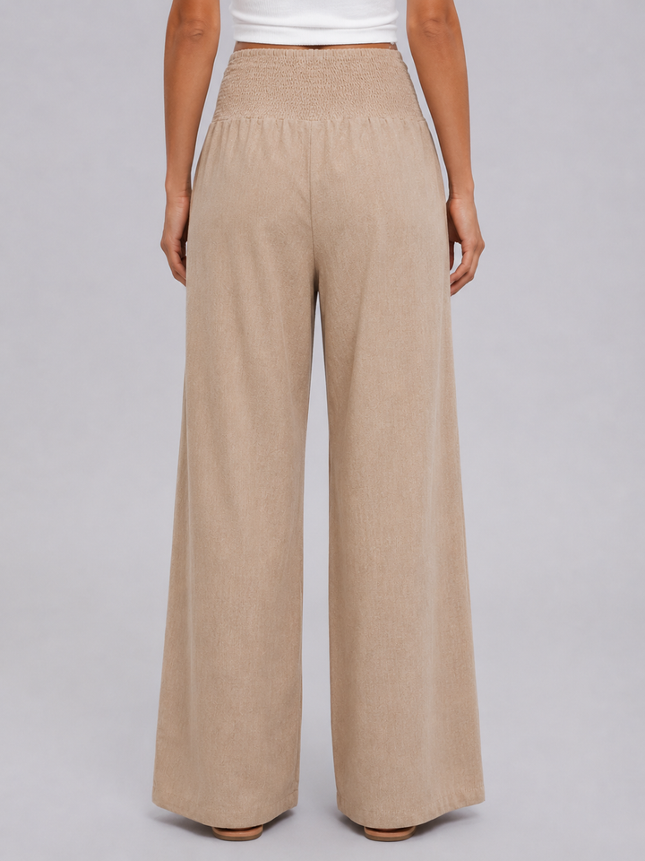 Women's Casual Linen Look Wide Leg Trousers with Smocked High Waist
