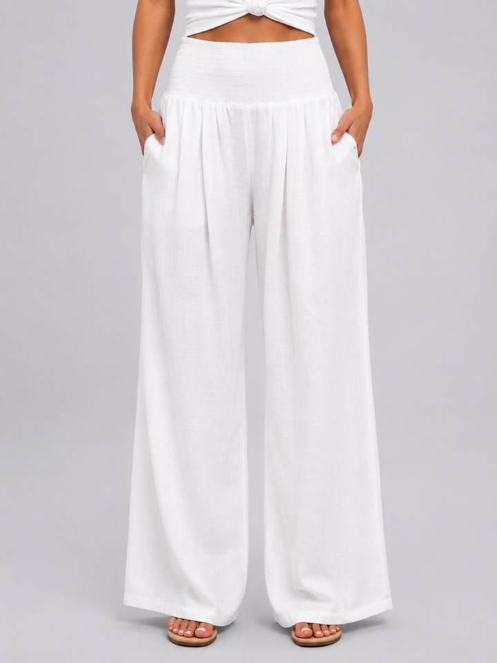 Women's Casual Linen Look Wide Leg Trousers with Smocked High Waist