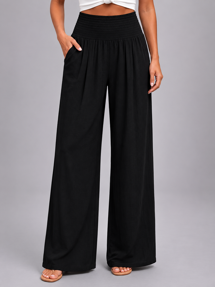 Women's Casual Linen Look Wide Leg Trousers with Smocked High Waist