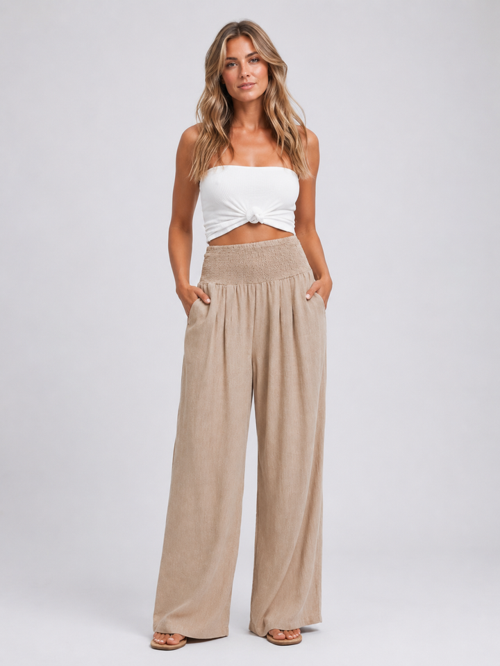 Women's Casual Linen Look Wide Leg Trousers with Smocked High Waist