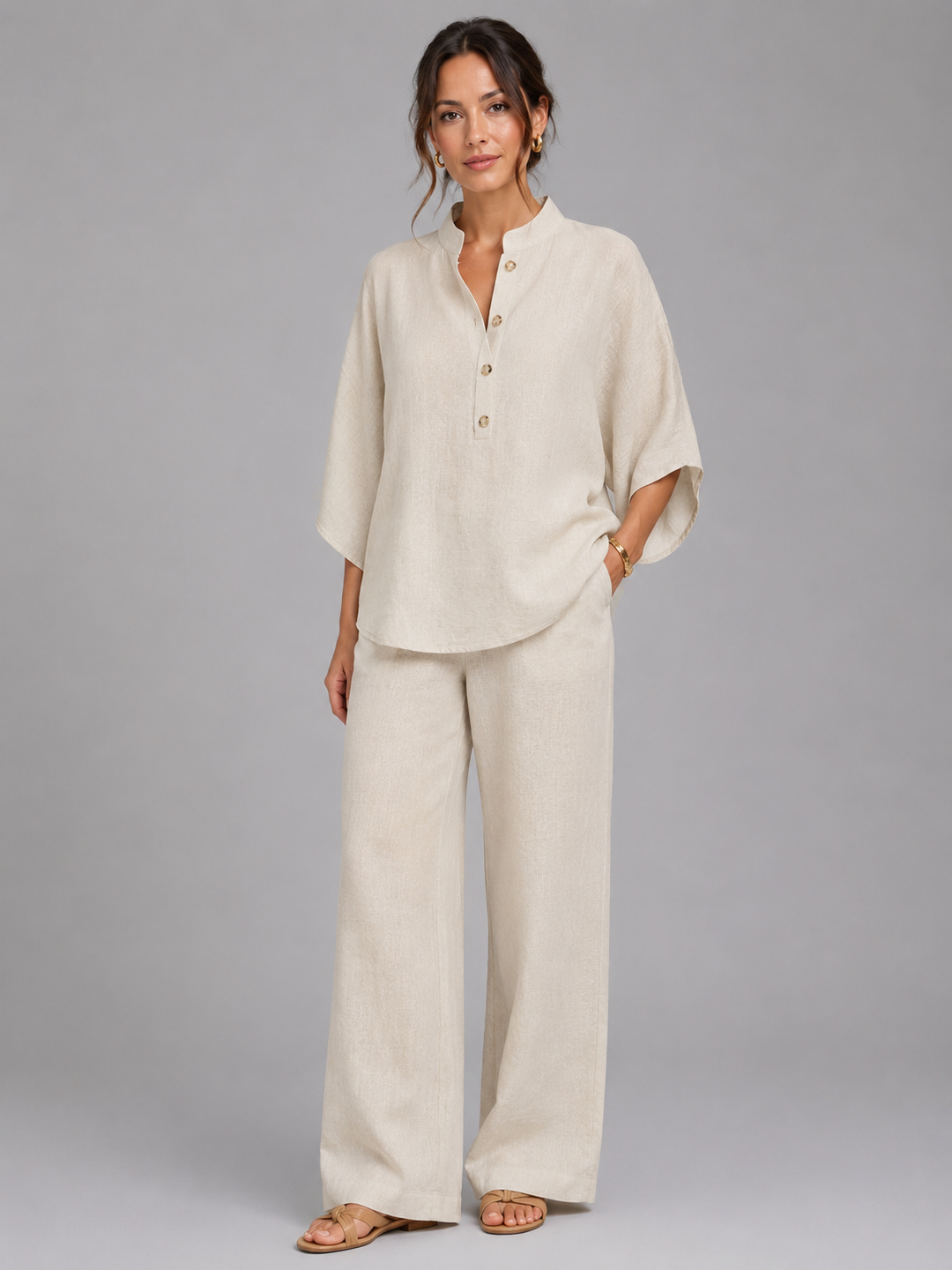 Women's Casual Linen Two-Piece Set with Relaxed Wide-Leg Trousers