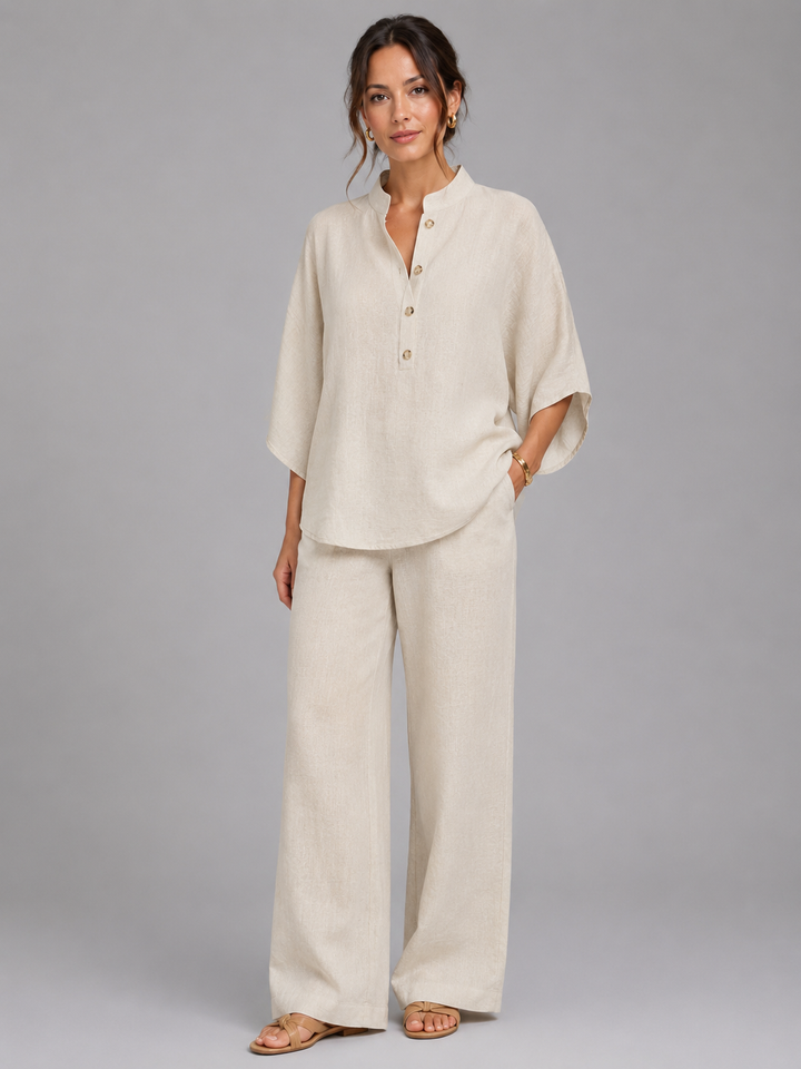 Women's Casual Linen Two-Piece Set with Relaxed Wide-Leg Trousers