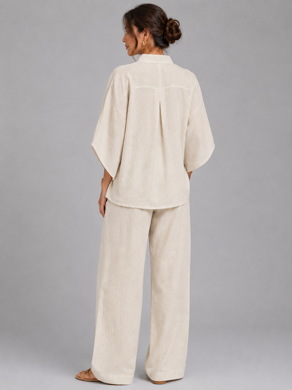 Women's Casual Linen Two-Piece Set with Relaxed Wide-Leg Trousers