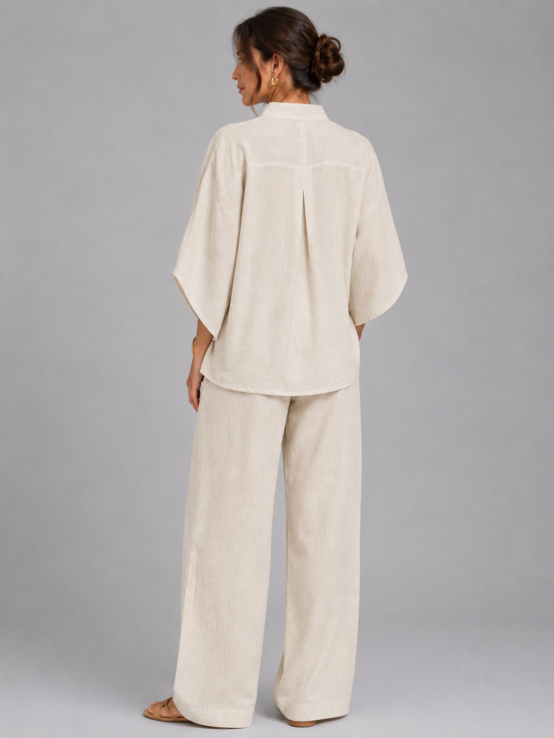 Women's Casual Linen Two-Piece Set with Relaxed Wide-Leg Trousers