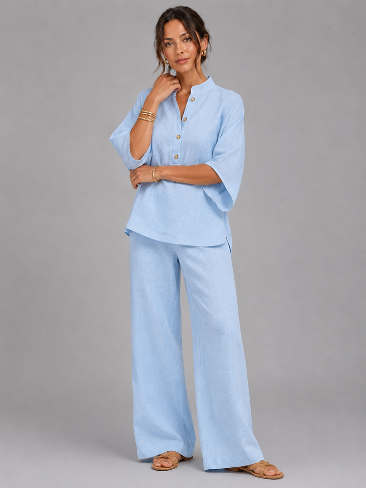 Women's Casual Linen Two-Piece Set with Relaxed Wide-Leg Trousers