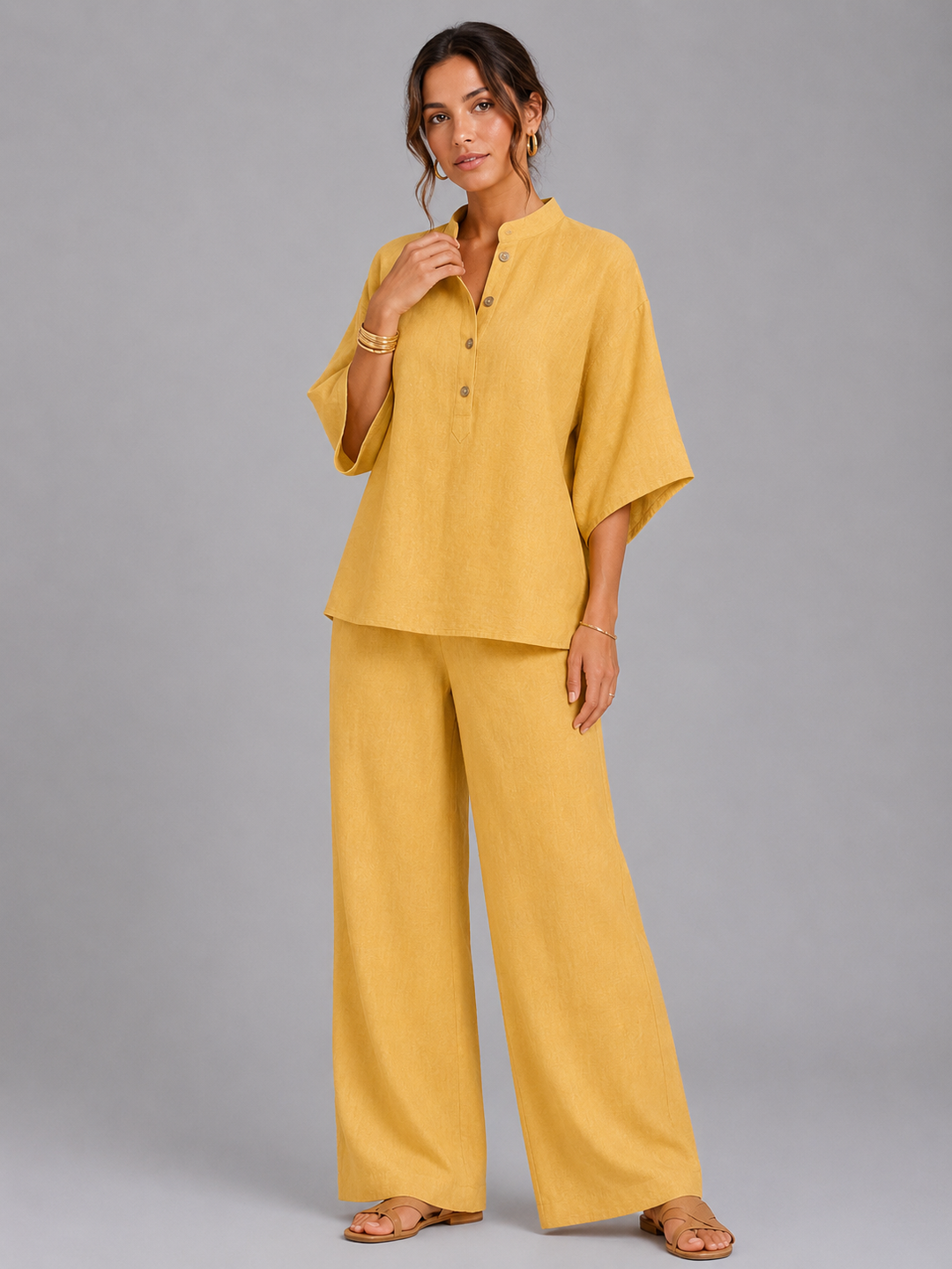Women's Casual Linen Two-Piece Set with Relaxed Wide-Leg Trousers