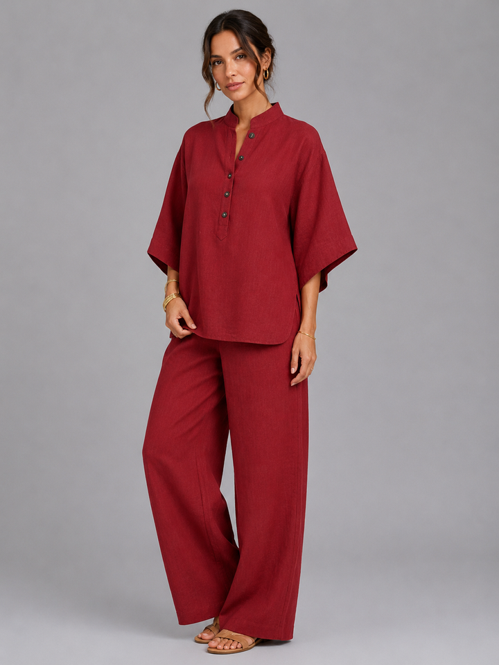 Women's Casual Linen Two-Piece Set with Relaxed Wide-Leg Trousers