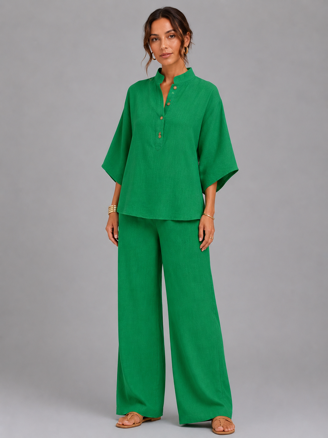Women's Casual Linen Two-Piece Set with Relaxed Wide-Leg Trousers