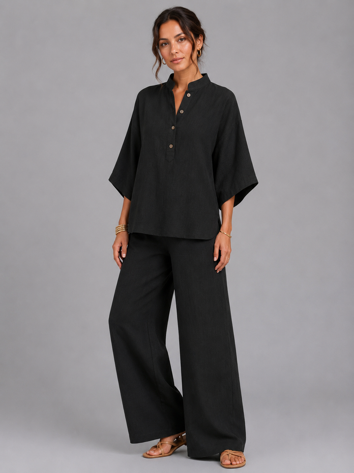 Women's Casual Linen Two-Piece Set with Relaxed Wide-Leg Trousers