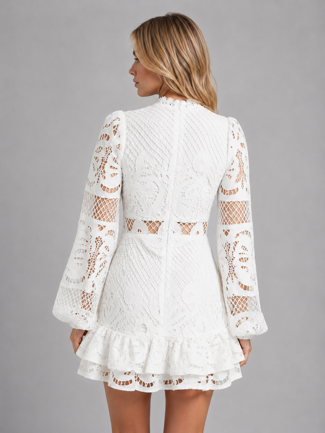 Women's Elegant Lace Long Sleeve Mini Dress with High Neck Cutout