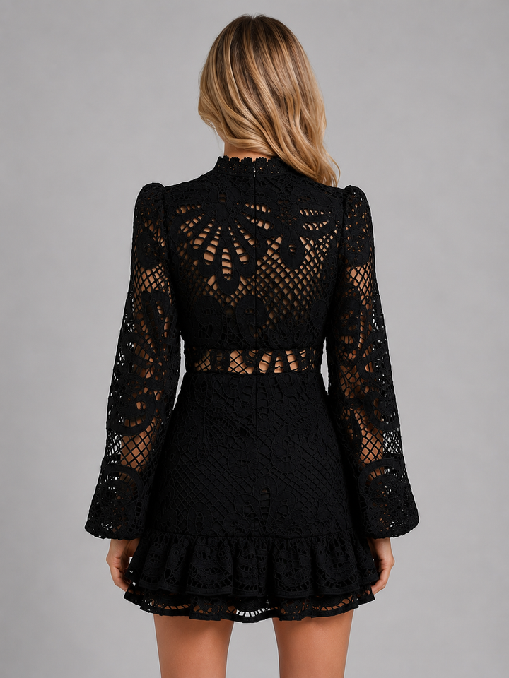 Women's Elegant Lace Long Sleeve Mini Dress with High Neck Cutout