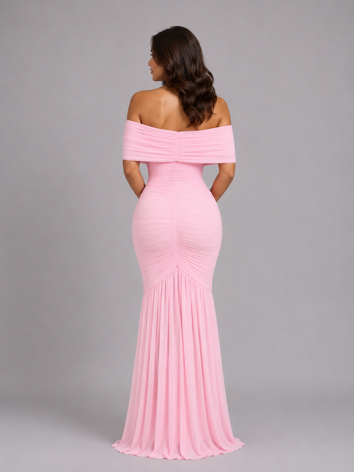 Women's Elegant Ruched Off-Shoulder Bodycon Maxi Dress