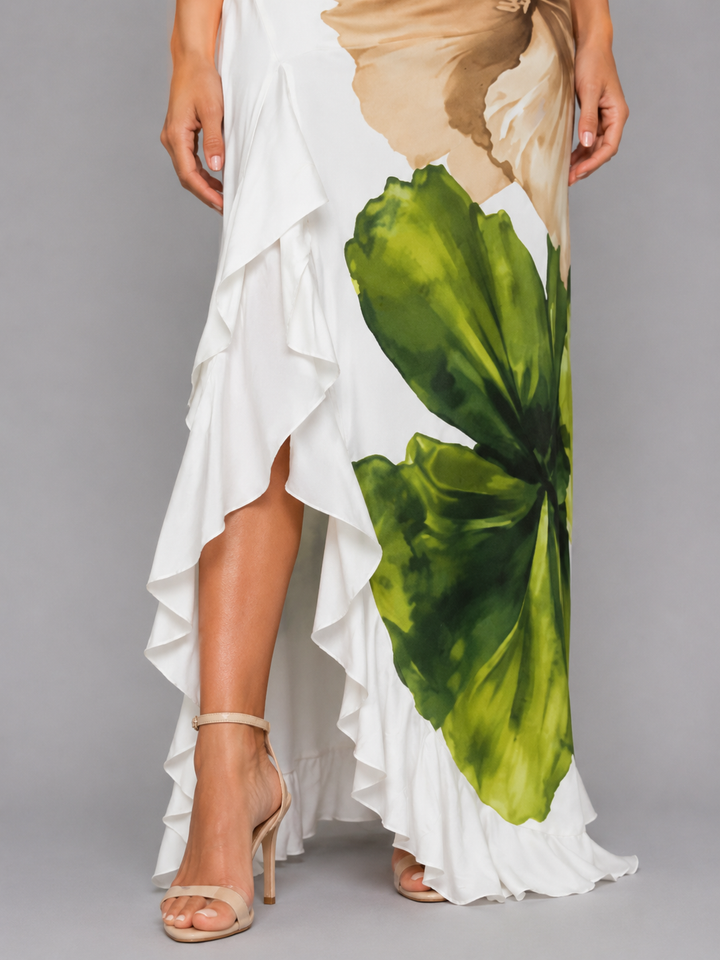 Women's Elegant Floral One-Shoulder Maxi Dress with Ruffle Hem