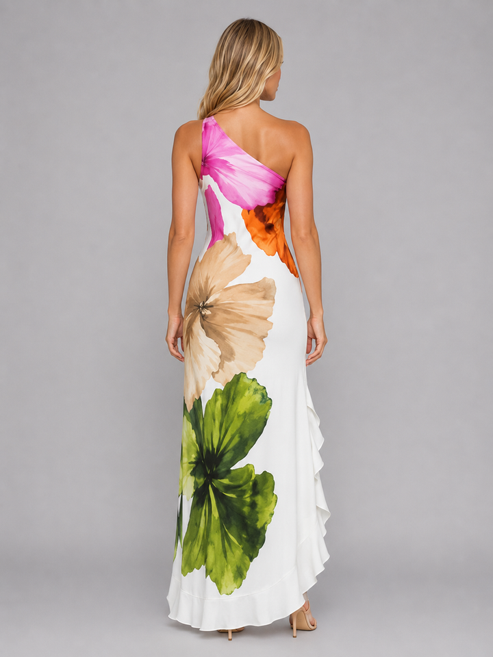 Women's Elegant Floral One-Shoulder Maxi Dress with Ruffle Hem