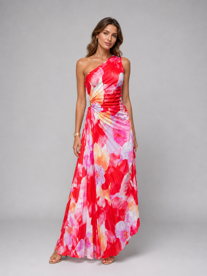 Women's Elegant Pleated One-Shoulder Maxi Dress