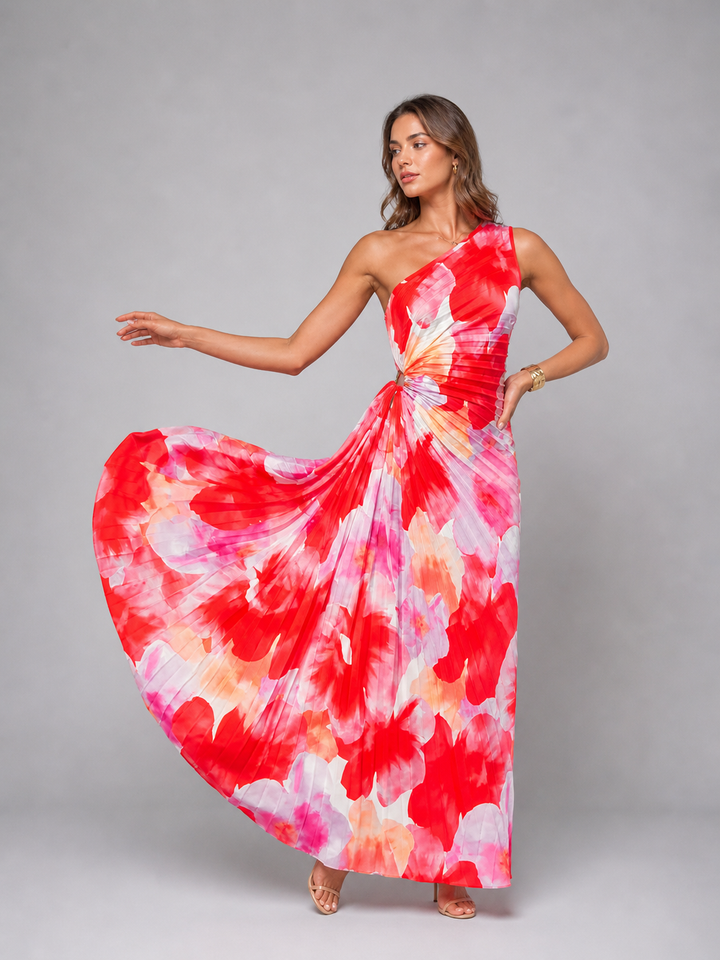 Women's Elegant Pleated One-Shoulder Maxi Dress