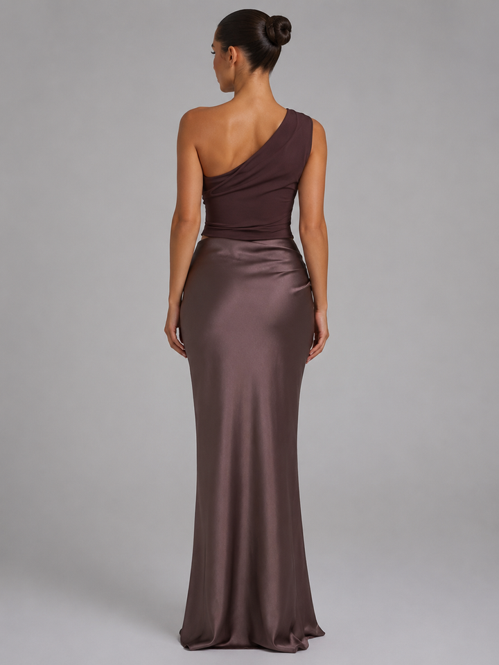 Women's Elegant Satin Feel One-Shoulder Maxi Dress