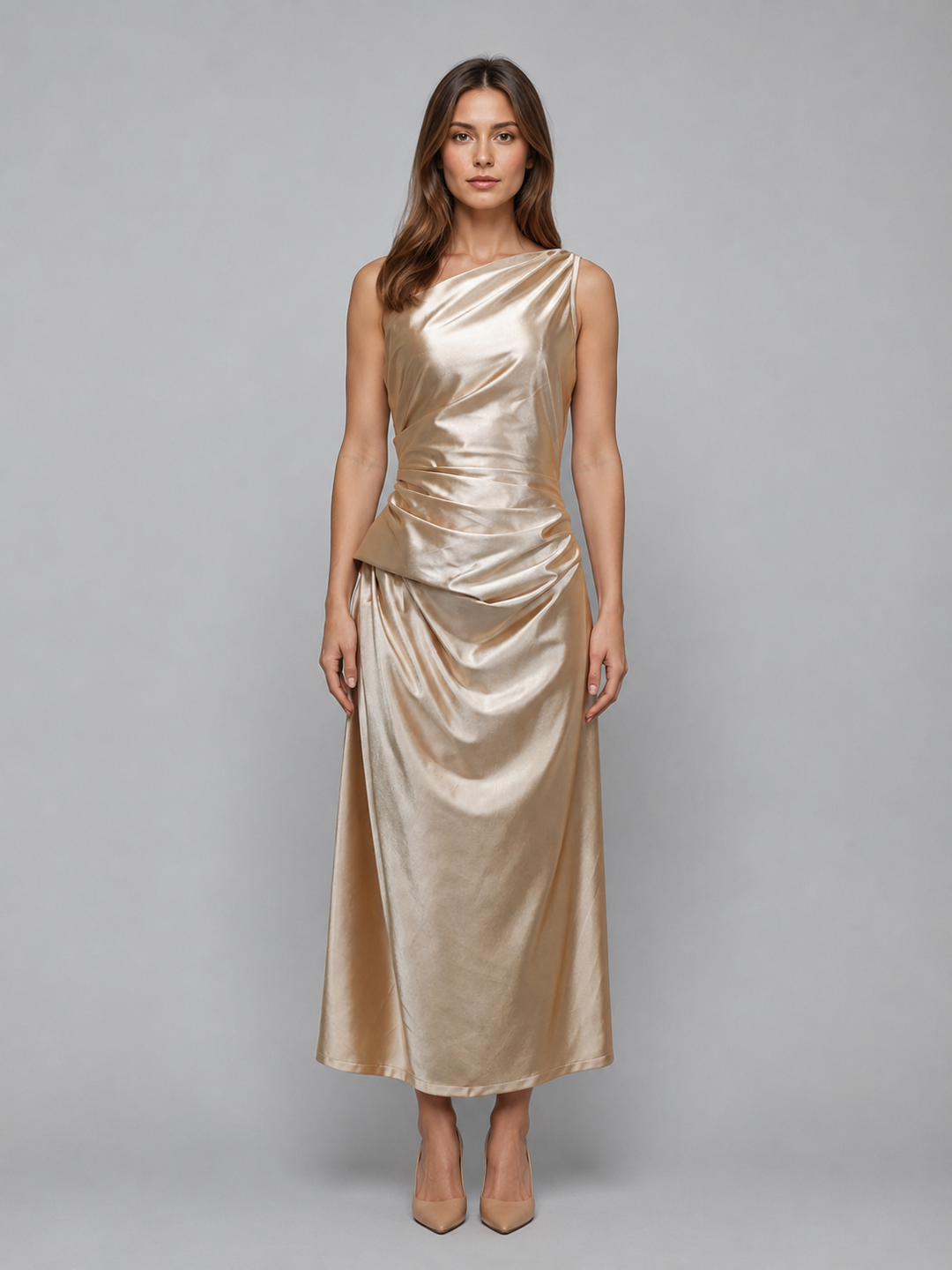 Women's Elegant Satin Look One Shoulder Midi Dress with Ruched Detail