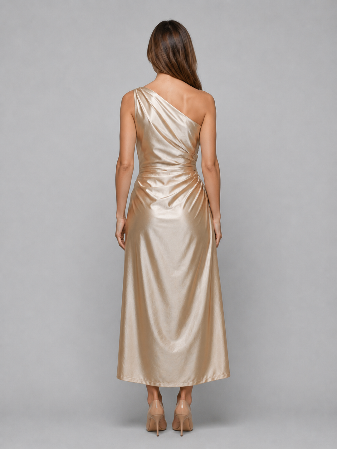 Women's Elegant Satin Look One Shoulder Midi Dress with Ruched Detail