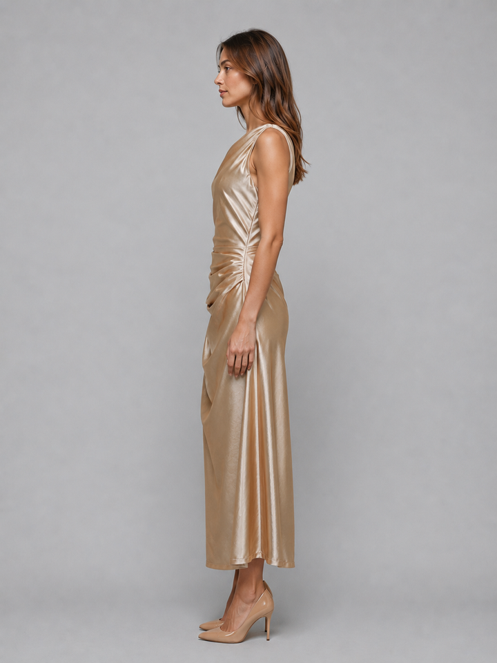 Women's Elegant Satin Look One Shoulder Midi Dress with Ruched Detail